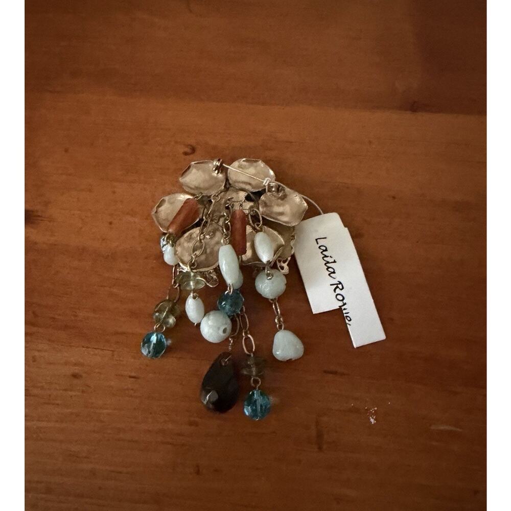 Laila Rowe Floral Butterfly Brooch Gold Tone Beaded Dangle Statement NWT - Picture 7 of 12